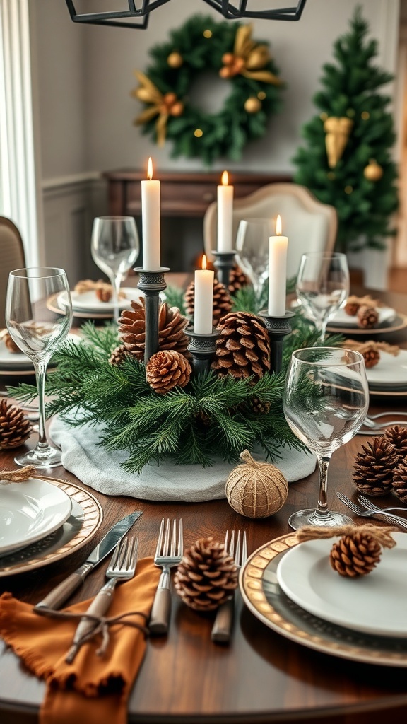 Christmas table decorated with pine cones, candles, and greenery.